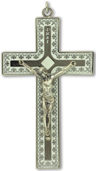  Filigree-Style Straight Bar Crucifix with White Inlay - 5 inch    (Minimum quantity purchase is 1)
