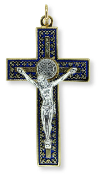 St. Benedict Straight Edge Baroque Inspired Crucifix - 3-1/8", Two-Tone & Dark Blue Enamel  *  (Minimum quantity purchase is 1)