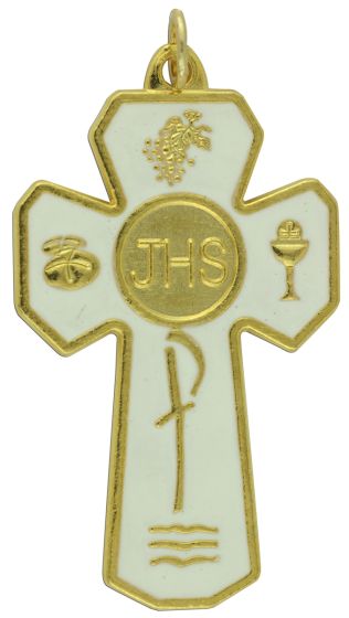 Large 5 Way JHS Communion Rosary Crucifix with White Enamel -1 7/8"    (Minimum quantity purchase is 1)