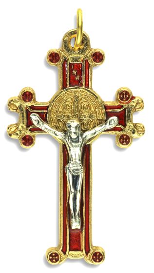 St Benedict Rosary Crucifix (Red Enamel Scroll Design) – 1 5/8" Gold Plated & Silver Oxidized, Made in Italy  (Minimum quantity purchase is 1)
