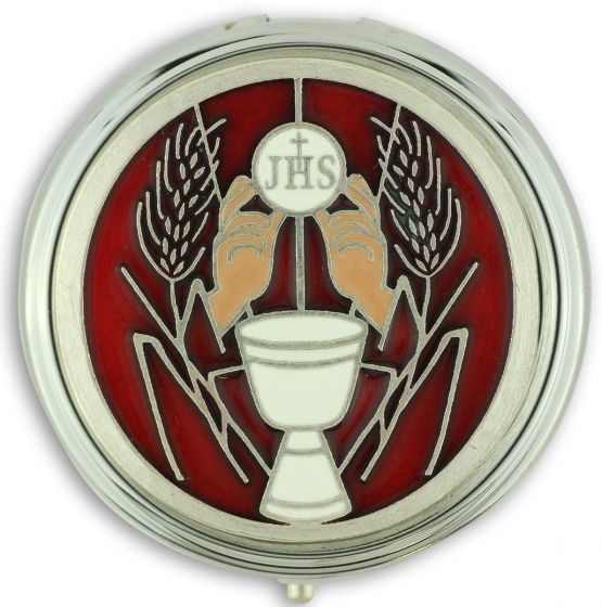  JHS Eucharist Pyx/Rosary Box Silver Plated with Red  Accents - 2 1/4" in Diameter   