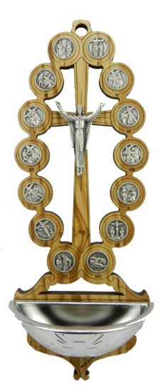 Stations of the Cross Holy Water Font (Oval Open Design) – 7" Olivewood, Made in Italy (Minimum quantity to purchase is 1)  
