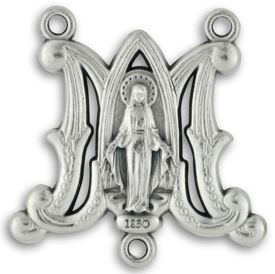 Miraculous Medal "M" Rosary Center - 1" Silver Oxidized, Made in Italy * (Minimum quantity purchase is 2)