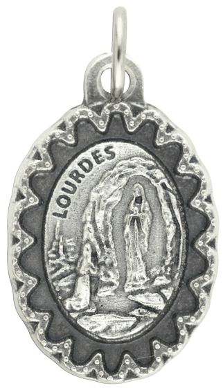 Our Lady of Lourdes Medal with Scalloped Edge - 1" Silver Oxidized, Made in Italy   (Minimum quantity purchase is 2)