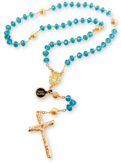 Aqua Blue Crystal 6x8mm Faceted Bead Rosary and Gold Plated Accent Beads- 18.5"   (Minimum quantity purchase 1)