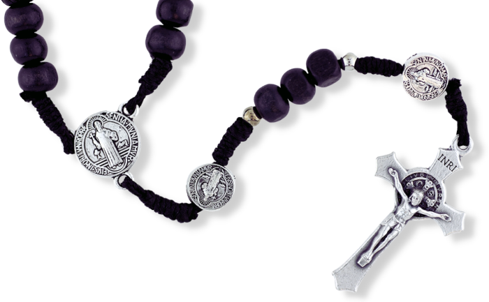  St Benedict Rosary Necklace with 6mm Black Wood Beads - 16" - Closeout Sale *  (Minimum quantity purchase is 1) 