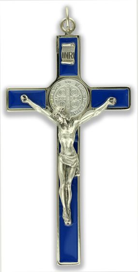 St Benedict Metal Crucifix with Blue Enamel Accents 4.5" (Minimum quantity to purchase is 1)    