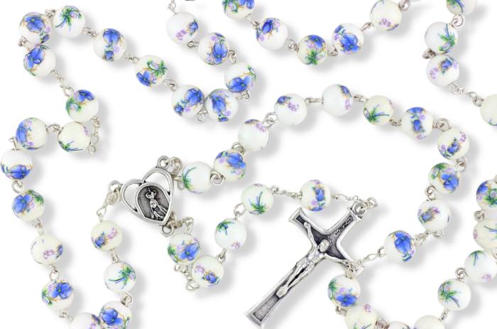 Blue and White 8mm Ceramic Bead Rosary with Our Lady of Fatima Center- 20"  (Minimum quantity purchase is 1)                        