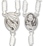 First Communion Rosary Necklace with White Wood Beads on White Cord, Boxed - 16.5