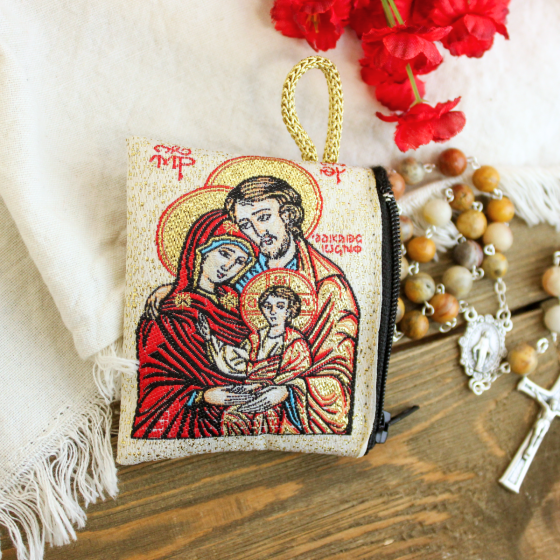 Holy Family Rosary Pouch – 2.5" x 3" Zippered Woven Case, Made in Italy *