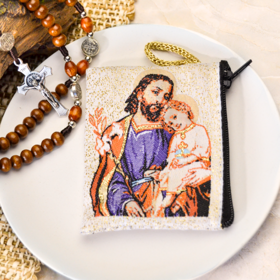 St Joseph Rosary Pouch in Color with Gold Accents – 3" x 2.5", Made in Italy *   (Minimum quantity purchase is 1)