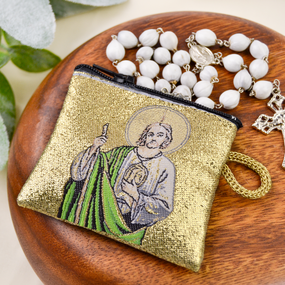 St Jude Rosary Pouch – 2.5" x 3" Zippered Woven Case, Made in Italy