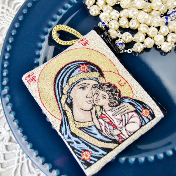 Madonna & Child Rosary Pouch – 2.5" x 3" Zippered Woven Case, Made in Italy *
