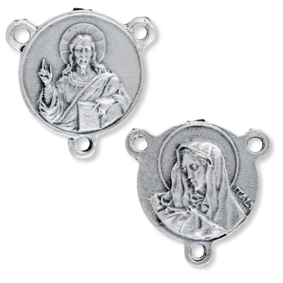 Christ the Teacher Rosary Center with Our Lady of Sorrows - 3/4" Round Silver Oxidized, Made in Italy * (Minimum quantity purchase is 2)