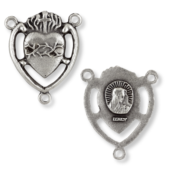 Sacred Heart Rosary Center – 7/8" Silver Oxidized Heart Shape, Made in Italy * (Minimum quantity purchase is 2)