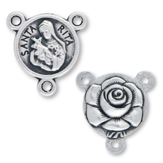 St Rita Rose Rosary Centerpiece - 5/8" Silver Oxidized, Made in Italy  (Minimum quantity purchase is 1)