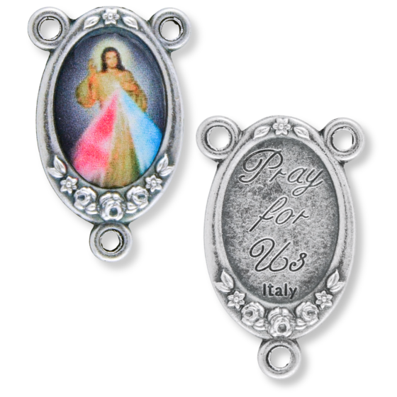 Divine Mercy Rosary Centerpiece - 3/4" Color Image Silver Oxidized, Made in Italy  (Minimum quantity purchase is 2)