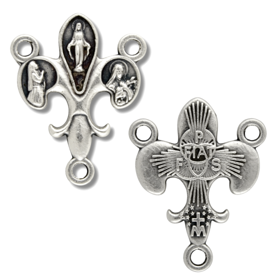 Fleur-de-Lis Rosary Center (Mary, St Bernadette & St Therese) - 15/16" Silver Oxidized, Made in Italy  (Minimum quantity purchase is 2)