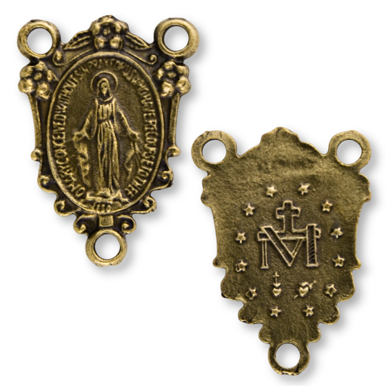 Miraculous Medal Rosary Center - 1" Ornate Crest Bronze Plated, Made in Italy * (Minimum quantity purchase is 3)