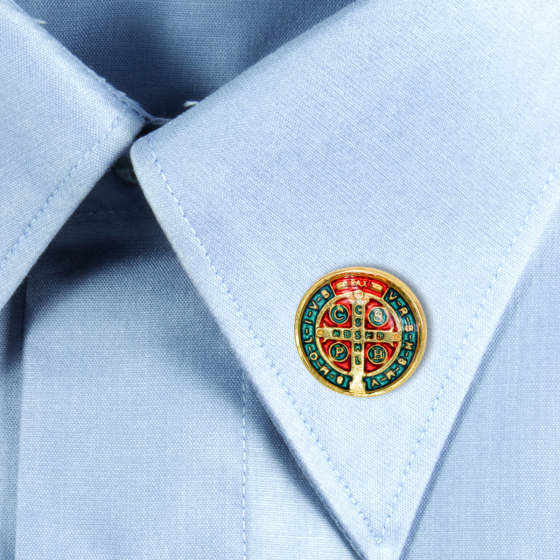 St Benedict Lapel Pin, Red and Blue Enamel, Gold Tone (Minimum Qty Purchase is 1)