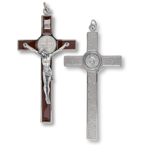 St Benedict Brown Enamel Crucifix Pendant – 4 1/2" Silver Oxidized, Made in Italy  *  (Minimum quantity purchase is 1)