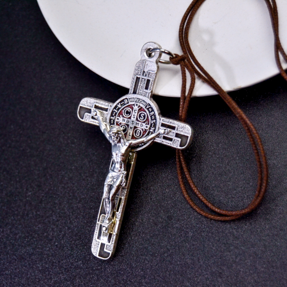 St Benedict Crucifix Pendant (Black Enamel Geometric Inlay) – 3 1/8" Silver Oxidized with 32" Cord, Made in Italy * (Minimum quantity purchase is 1)