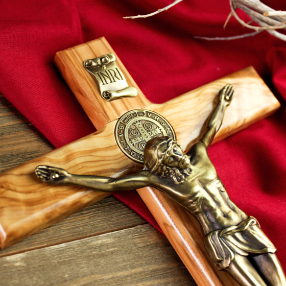 St Benedict Olive Wood Wall Crucifix – 12" Antique Gold Finish, Made in Italy *