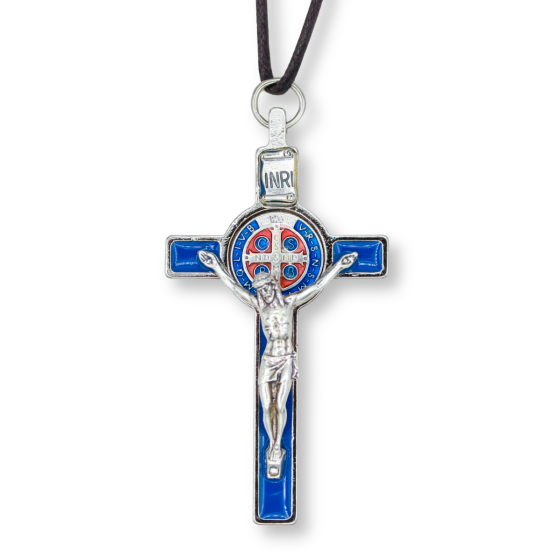 St. Benedict Straight Edge Crucifix with Cord, 3-1/4" (0.48 cm Thick) - Blue & Red Accents   (Minimum quantity purchase is 1)