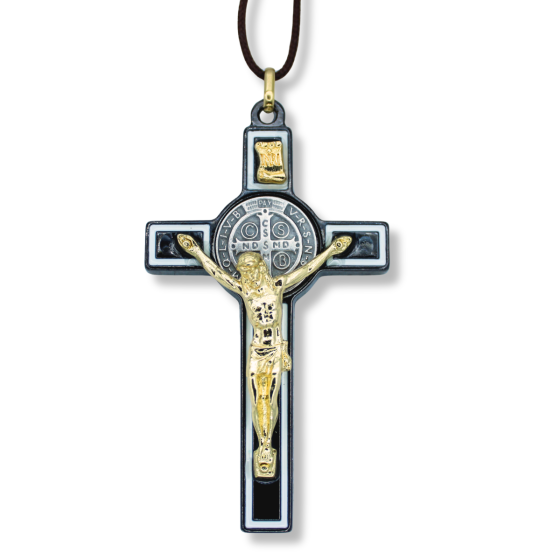 St Benedict Black & White Enamel Crucifix Pendant – 3 1/8" Gold Plated & Silver Oxidized with 34" Brown Cord, Made in Italy * (Minimum quantity purchase is 1)