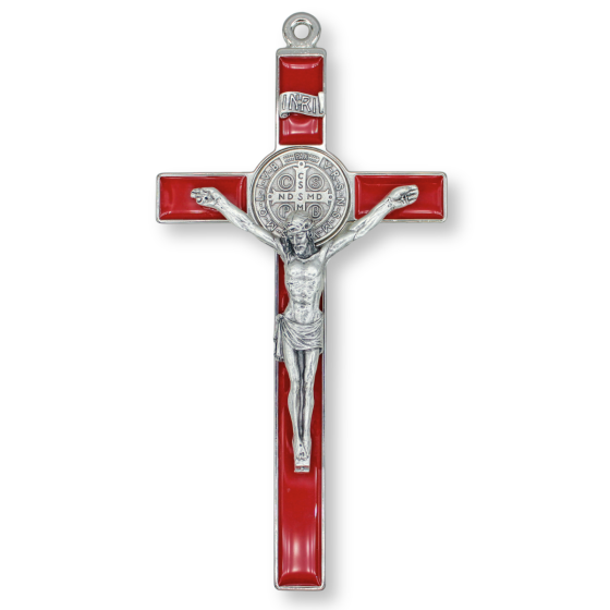 St Benedict 8" Metal Wall Crucifix - Red Enamel, Silver Ox   (Minimum quantity to purchase is 1) 