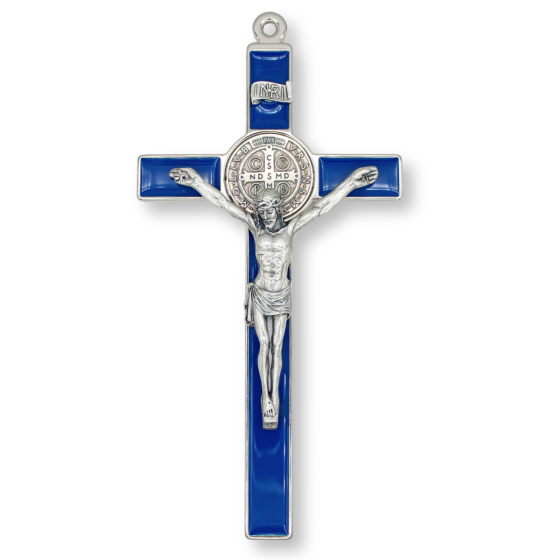 St Benedict 8" Metal Wall Crucifix - Blue Enamel, Silver Ox  *  (Minimum quantity purchase is 1)