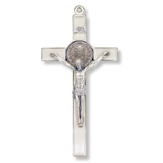 St Benedict 8" Metal Wall Crucifix - Mother of Pearl Finish, Silver Ox    (Minimum quantity purchase is 1)  