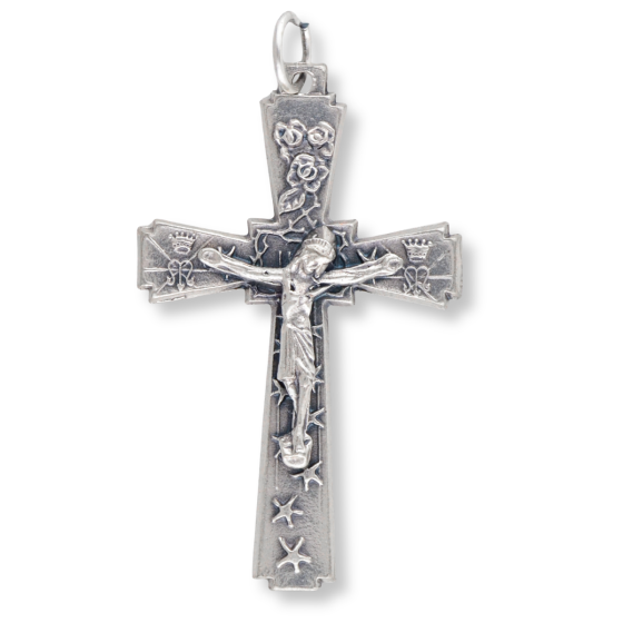 Marian Crucifix with Roses & Stars – 1 3/4" Silver Oxidized, Made in Italy * (Minimum quantity purchase is 1)