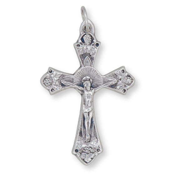 Grape and Vine Sunburst Crucifix -1 1/2" Silver Oxidized, Made in Italy *    (Minimum quantity purchase is 2)