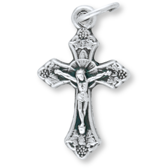 Small Grape and Vine Sunburst Crucifix - 7/8" Silver Oxidized, Made in Italy *  (Minimum quantity purchase is 3)