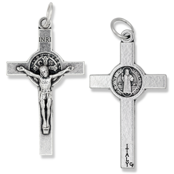 St Benedict Rosary Crucifix (Straight Edge) – 1.5" Silver Oxidized, Made in Italy *  (Minimum quantity purchase is 3)