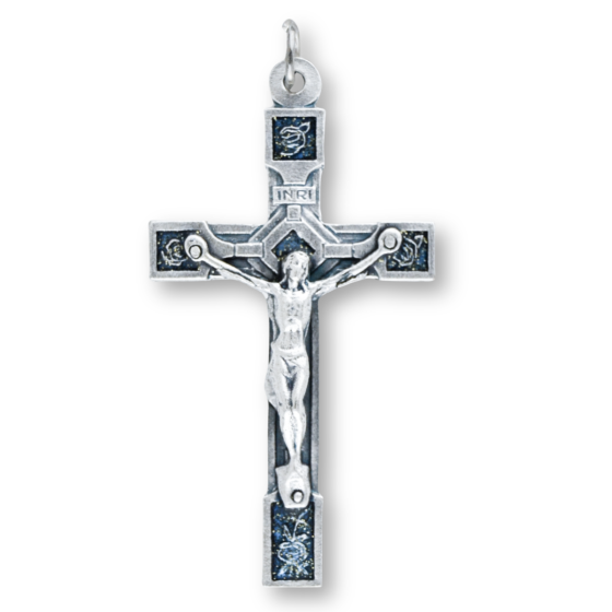 Rose Garden Crucifix – 2" Blue Glitter Enamel Silver Oxidized, Made in Italy  (Minimum quantity purchase is 1)