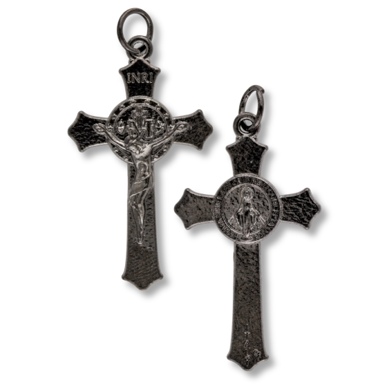 Miraculous Medal Flared Edge Crucifix, Gun Metal - 1.5 Inch   (Minimum quantity purchase is 1)