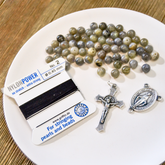 Make Your Own Rosary Kit for One Rosary – 6mm Labradorite Gray Gemstone Beads, Black Griffin Cord, Silver Oxidized Made in Italy Centerpiece & Crucifix *  (Minimum quantity purchase is 1)