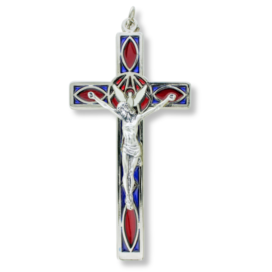 Stained Glass Holy Spirit Cathedral-Style Crucifix – 5-1/8", Multicolor Enamel  (Minimum quantity purchase is 1)