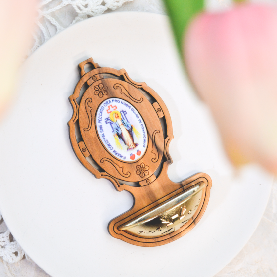 Miraculous Medal Holy Water Font (Color Image) – 3.75" Olivewood, Made in Italy  * (Minimum quantity purchase is 1)