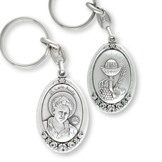 St Carlo Acutis Keychain (Eucharist) - 3 1/2" Silver Oxidized, Made in Italy * (Minimum quantity purchase is 1)