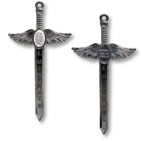 St Michael Winged Sword Rosary Cross – 4 1/2" Gunmetal & Silver Oxidized, Made in Italy