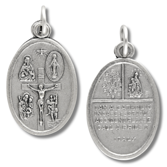 Catholic Emergency Medal "In Case of Accident Call a Priest"– 7/8" Oval Silver Oxidized, Made in Italy *  (Minimum quantity purchase is 2)