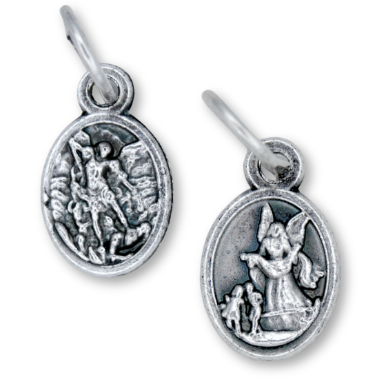 St Michael & Guardian Angel Medal (Catholic Protection) – 1/2" Oval Silver Oxidized, Made in Italy *  (Minimum quantity purchase is 3)