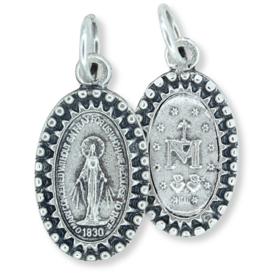 Miraculous Medal with Beaded Border - 3/4" Oval Silver Oxidized, Made in Italy * (Minimum quantity purchase is 3)