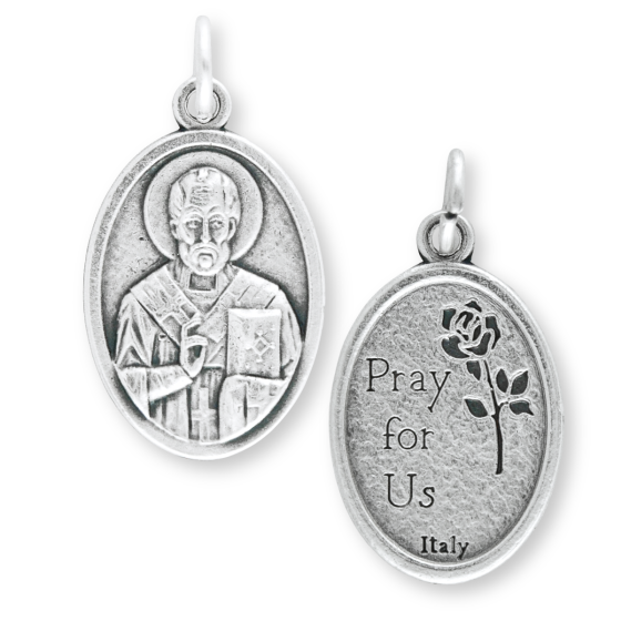 St Nicholas Medal (Pray for Us) - 1" Silver Oxidized, Made in Italy  (Minimum quantity purchase is 3)
