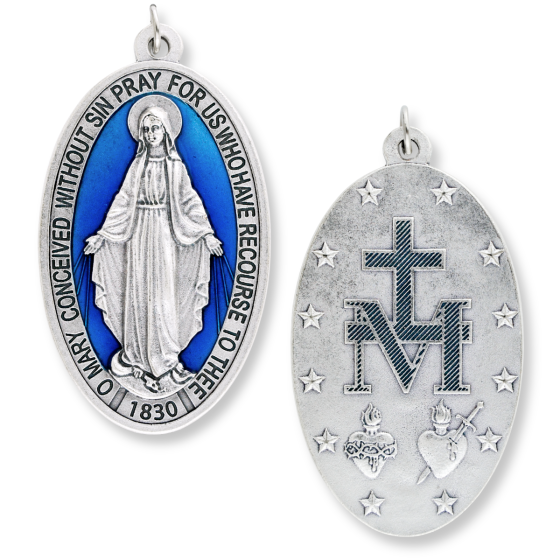 Large Blue Enamel Miraculous Medal (English) - 3 1/2" Silver Oxidized, Made in Italy *  (Minimum quantity to purchase is 1)