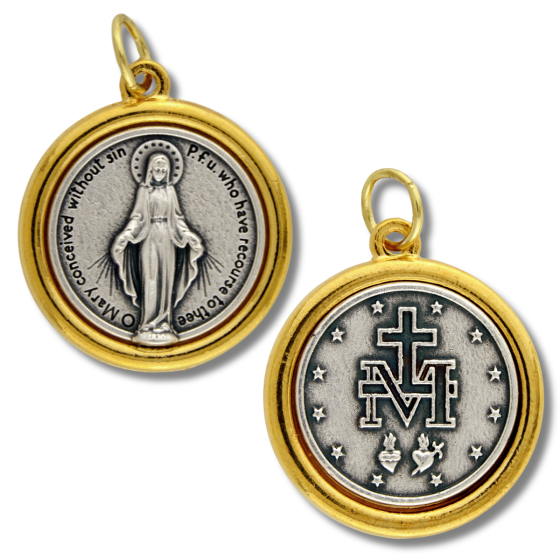 Miraculous Medal 1" Round Two Tone – English – Made in Italy   (Minimum quantity purchase is 1)