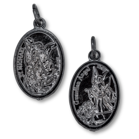 St Michael & Guardian Angel Medal (Catholic Protection) – 1" Oval Gunmetal, Made in Italy * (Minimum quantity purchase is 2)